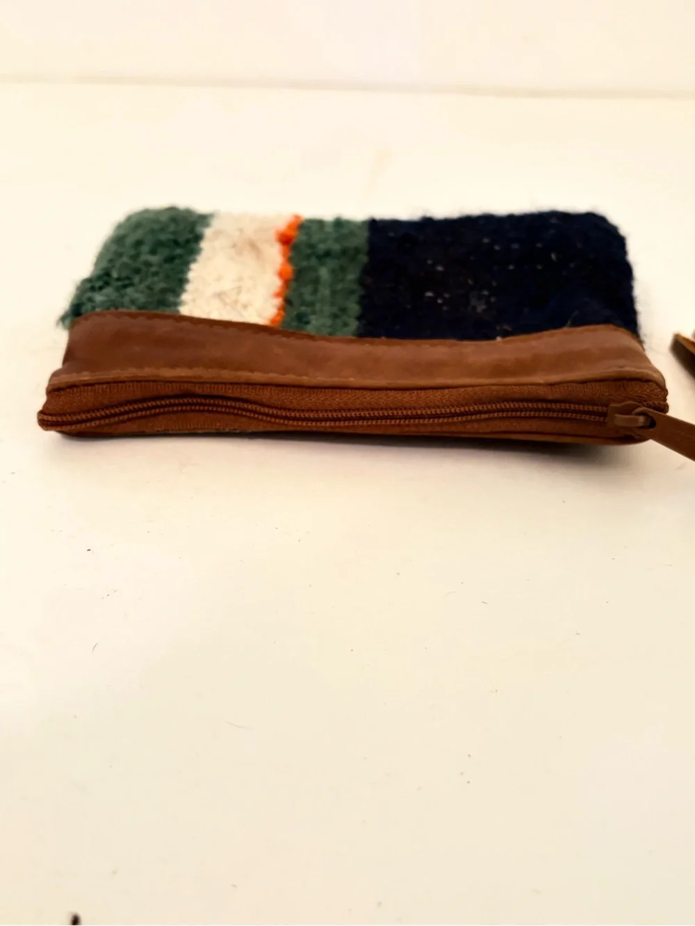 Striped Woven Wool with Leather Trim & Tassel Makeup Pouch Coin Purse Wallet
